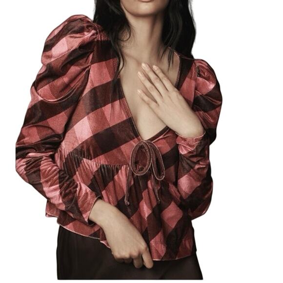 Anthropologie Maeve Velvet Pink Plaid Babydoll Top NEW - Picture 2 of 8